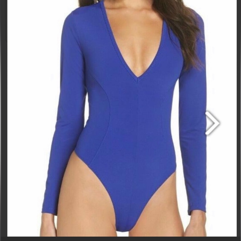 Free People Women’s blue deep V bodysuit thong long-sleeved Medium